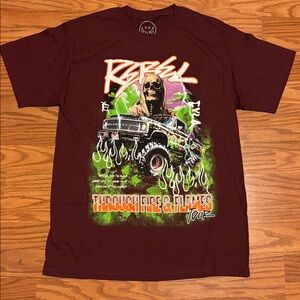 MENS Medium CVLA Rebel FIRE & FLAMES TOUR tee shirt burgundy NWOT short sleeve